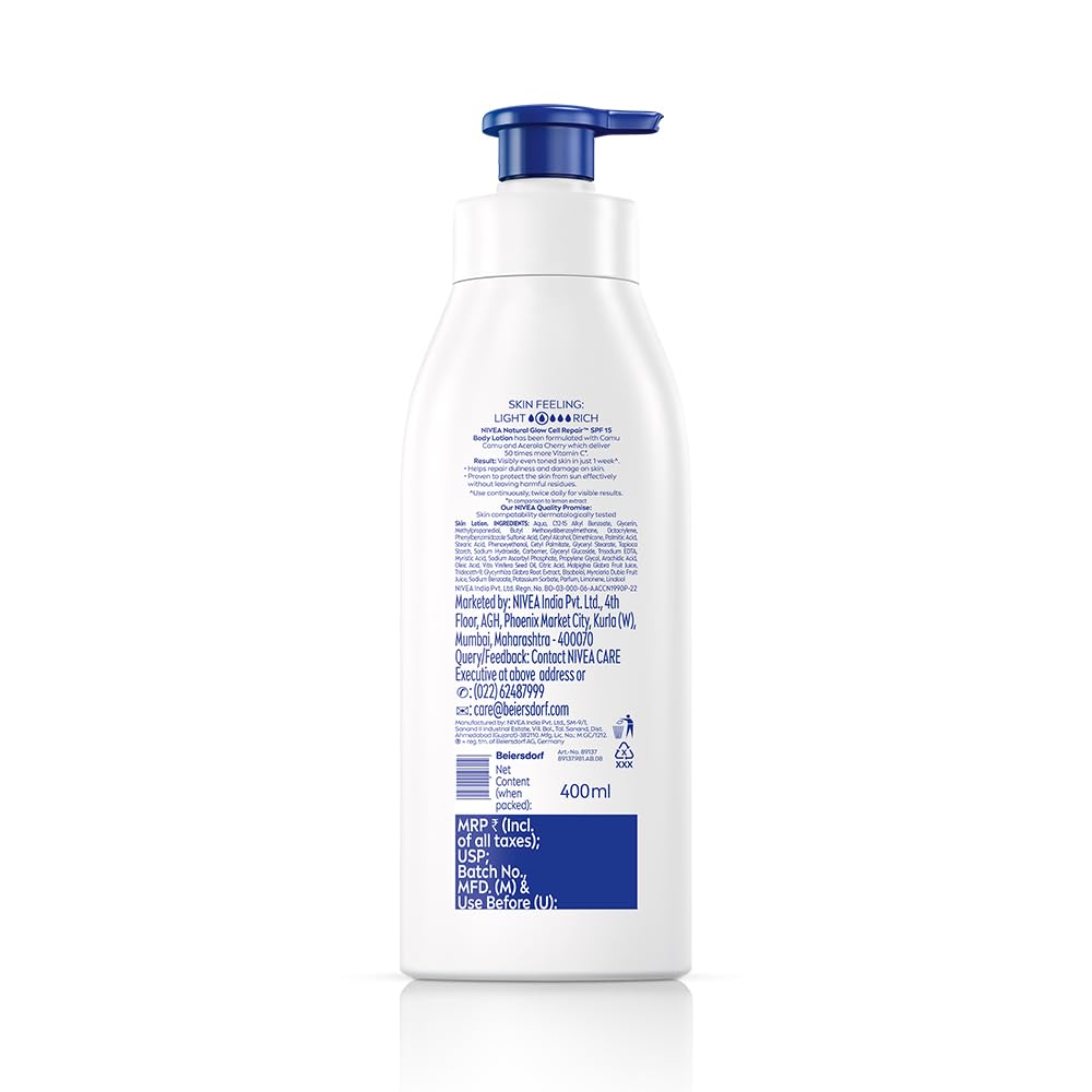 Nivea Natural Glow Body Lotion with SPF 15, Vitamin C, Lightweight Moisturizing Lotion for Daily Use, 13.52 Fl Oz (Pack of 1)
