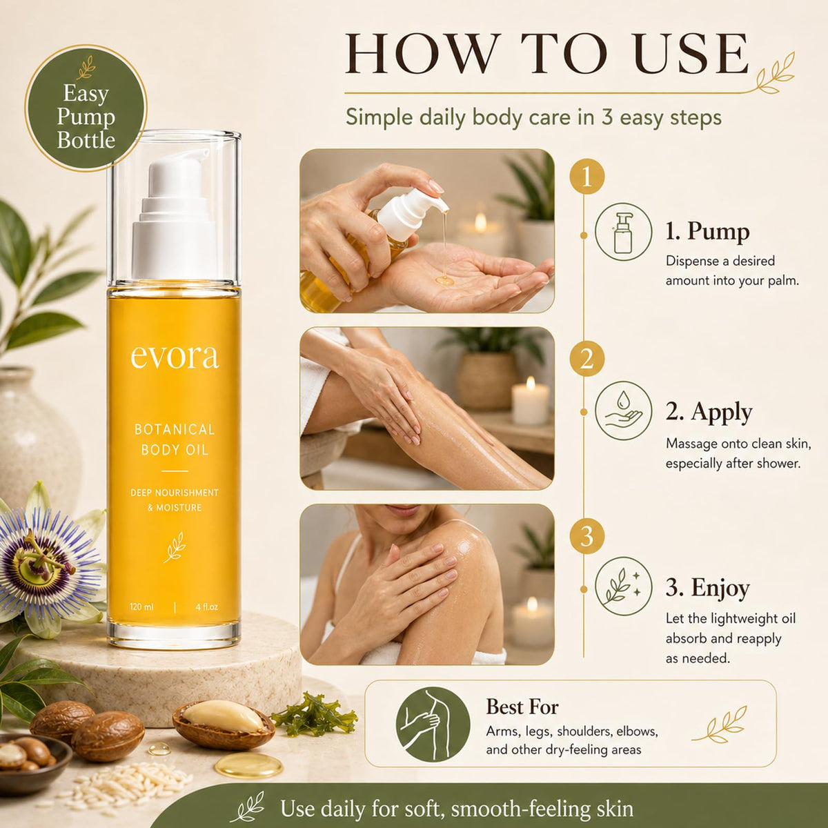 Evora Botanical Body Oil, Lightweight Moisturizing Body Oil, 120 ml