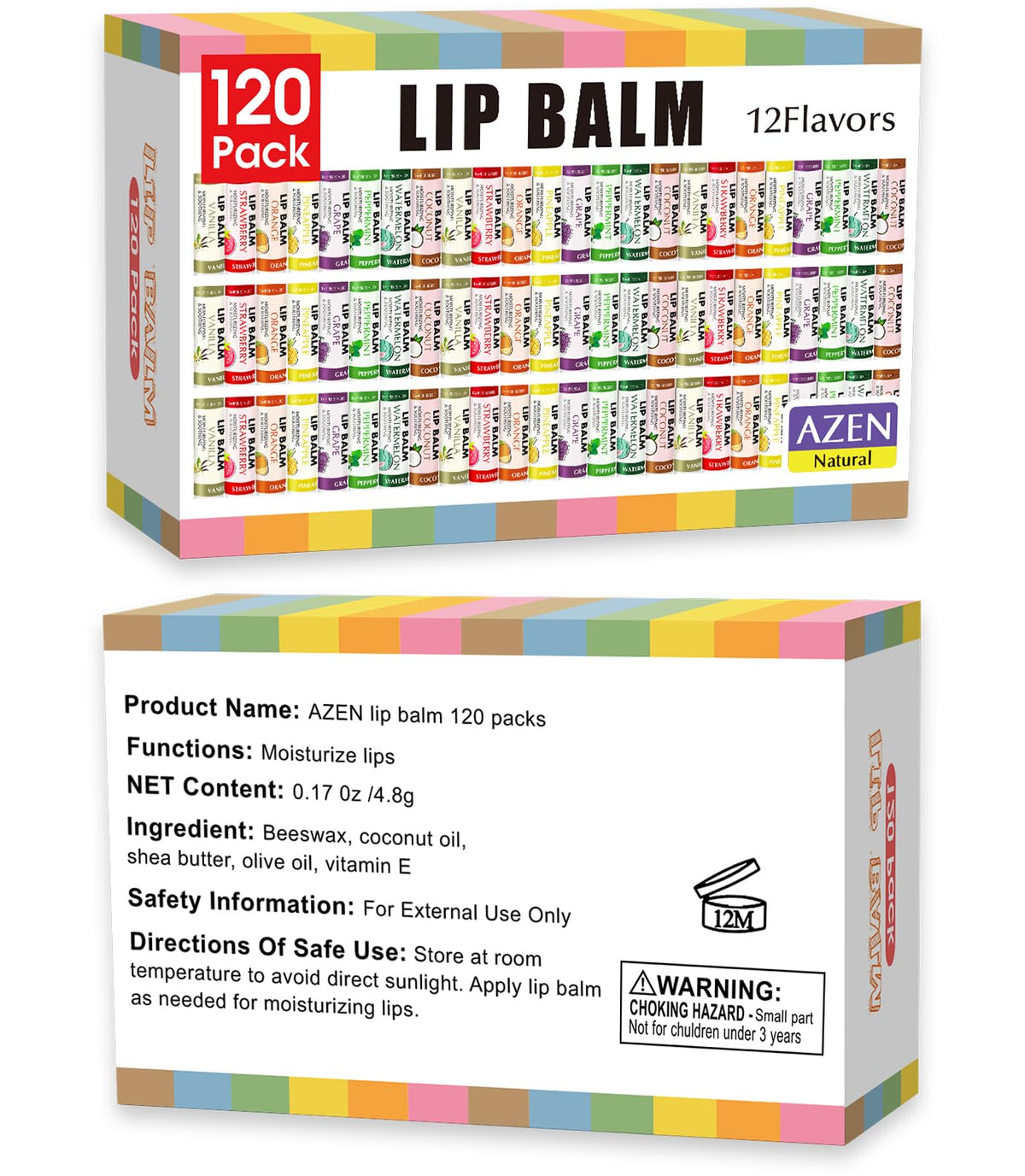 AZEN 120 Pack Lip Balm Bulk, Moisturizing Lip Balms for dry cracked lips, Valentines Gifts Easter Basket Stuffers - 12 Flavors