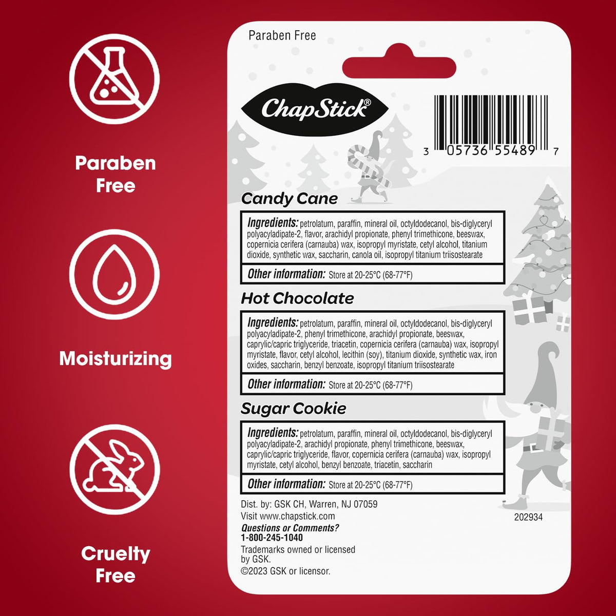 ChapStick Holiday Hot Chocolate, Candy Cane and Sugar Cookie Lip Balm, 0.15oz, 3 pack