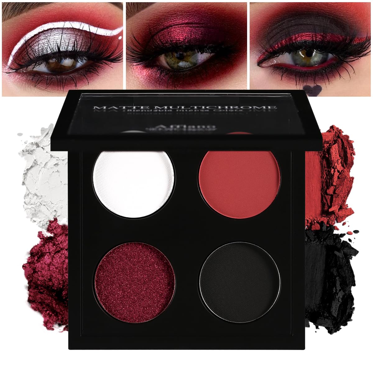 Afflano Gothic Red Makeup Eyeshadow Palette, Matte White Black Red Eye shadow, Ultra-Pigmented Chrome Red Glitter Eyeshadow, Intense Metallic Smokey Black Red Eyeshadow Palette Halloween Goth Makeup