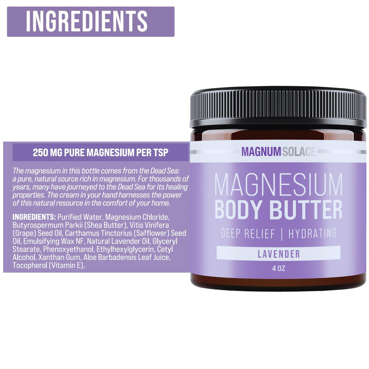 Magnum Solace Magnesium Body Butter - Nighttime Magnesium Cream - Lightly Scented (Lavender)