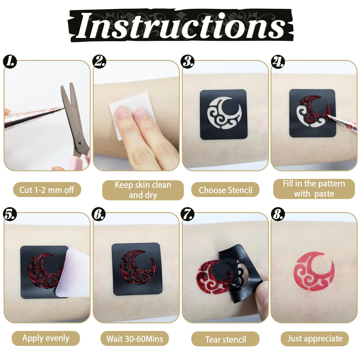 InkForge Temporary Stencils Tattoos Kit, 4 Pcs Tattoo Inks 3 Color (2 Black 1 Maroon 1 Cherry Red) with Gloves Brush Tool,DIY Body Art Skin Painting Designs for Women Men Kids Party Gifts