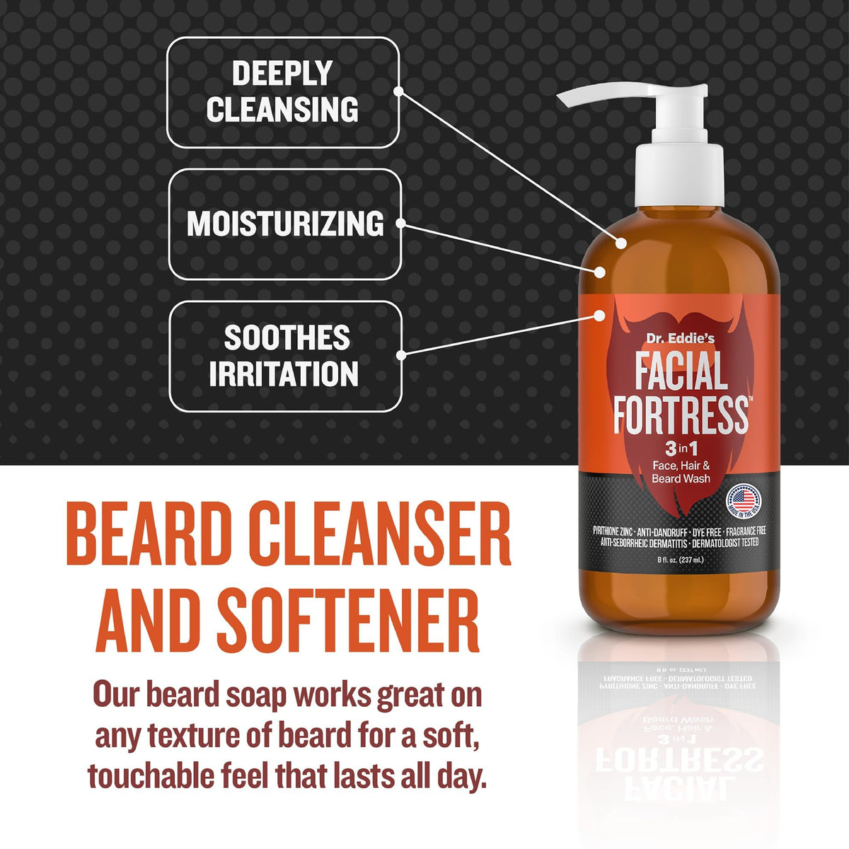 Dr. Eddie's Facial Fortress 3 in 1 Face & Beard Wash - 8 Fl Oz (Pack of 1)