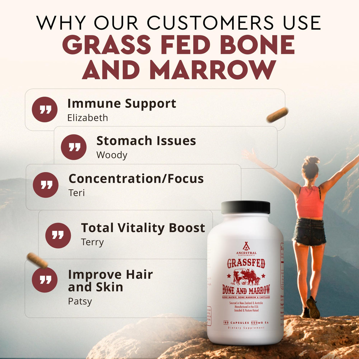 Ancestral Supplements Grass Fed Beef Bone and Marrow Supplement, 180 Ct