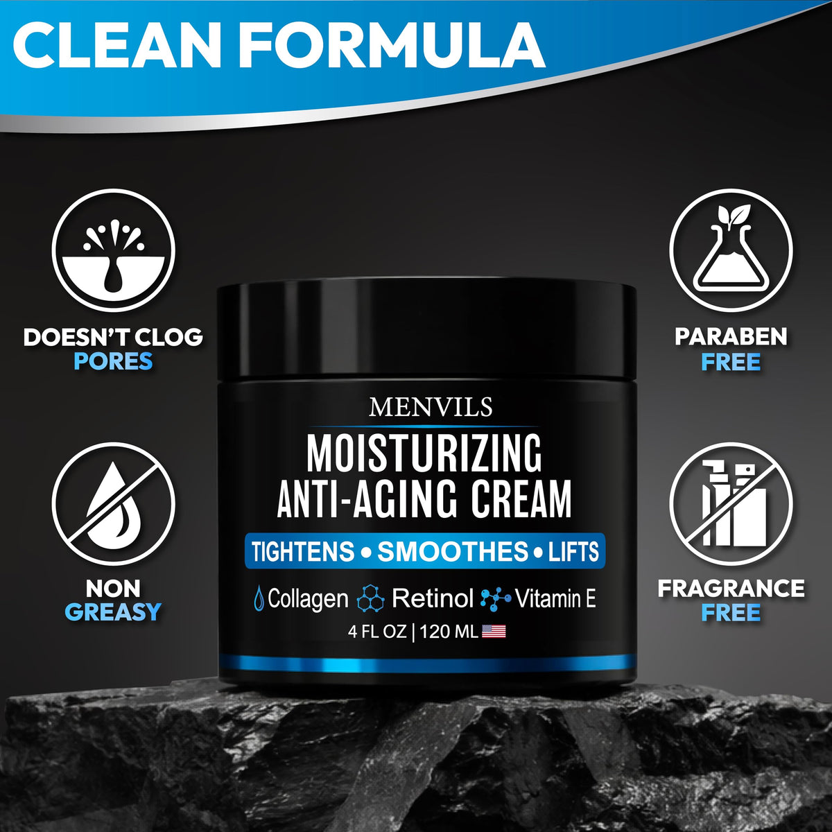 Mens Face Moisturizer Cream - Anti-Aging & Wrinkle Cream, Non-Greasy, 4 OZ