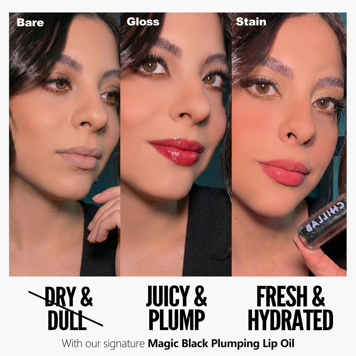 Chillab Magic Black Plumping Lip Oil 0.17oz, Hydrating Color-Adapting Tint