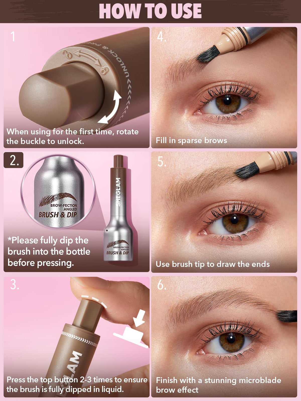 SHEGLAM Brow-Fection Angled Brush & Dip Upgraded Microblading Eyebrow Pen Long Lasting Waterproof Easy To Color-Chocolate