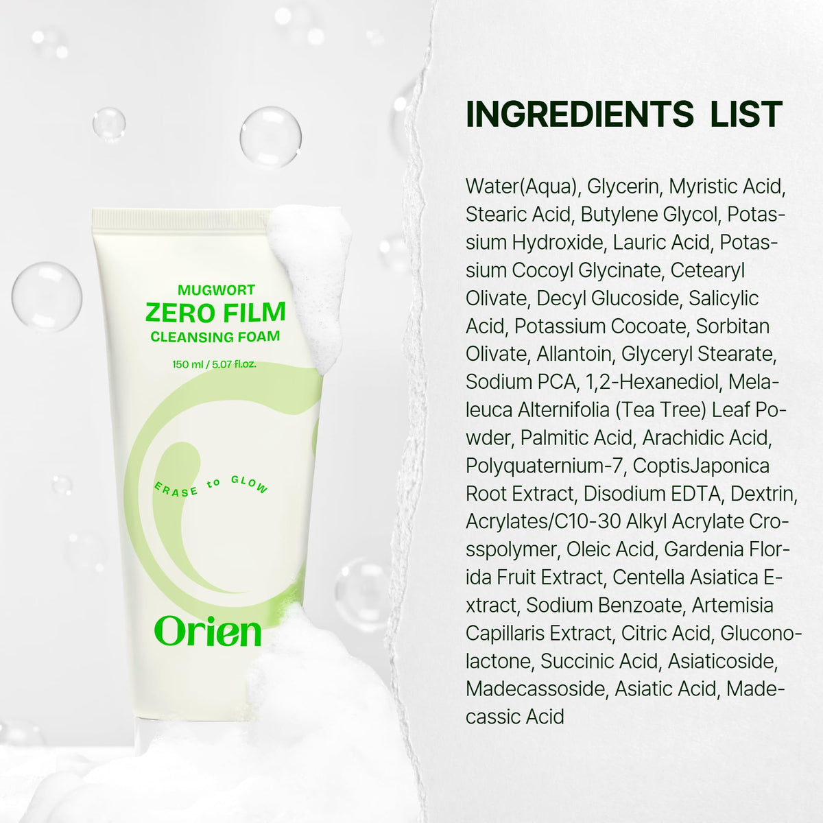 Orien Mugwort Zero Film Cleansing Foam 5.07 fl.oz, 150ml ㅣDaily Makeup Blackhead Removal No pore clogging Korean skincare double cleansing