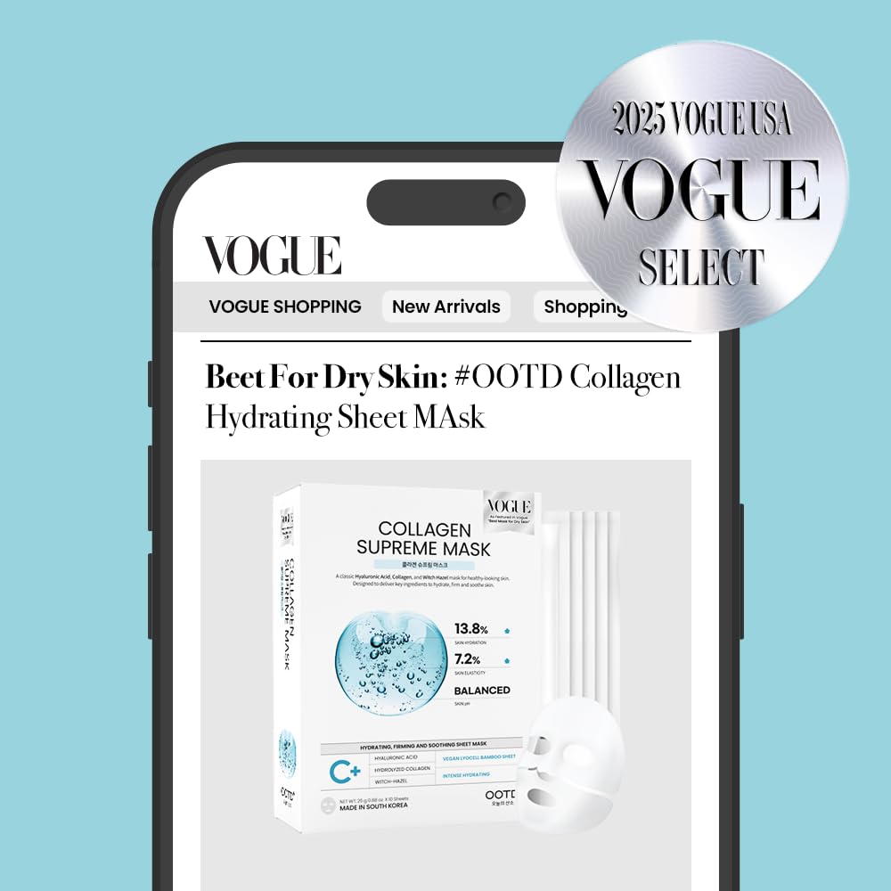 #OOTD Collagen Supreme Mask, Korean Hyaluronic Acid Face Mask,10-Pack