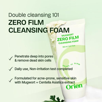 Orien Mugwort Zero Film Cleansing Foam 5.07 fl.oz, 150ml ㅣDaily Makeup Blackhead Removal No pore clogging Korean skincare double cleansing