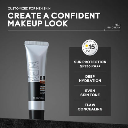 AKARY Hydrating Men BB Cream SPF 15 PA++, Full-Coverage Foundation&Concealer, Mens Face Moisturizer Cream Evens Skin Tone, Oil Control and Cover Flaws, Natural Finish for All Skin Types, Natural 240