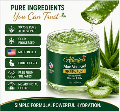 Allurials Aloe Vera Gel, 99.75% Pure & Organic, Made in USA, After Sun, Cold Processed Aloe Gel for Face, Body, Hair & Scalp, Hydrating & Soothing Moisturizer - 12 Oz