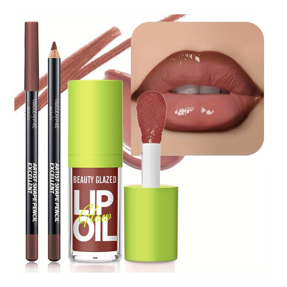 2Pcs Lip Gloss & Lip Liner Set – Cocoa Brown, 90s Ombre Lips, Retro Gradient Lip, Plumping Effect, Full Volume Lips, High Shine Gloss, Viral Lip Combo, Fuller Looking Lips, Glassy Lip Look (#V05+107)