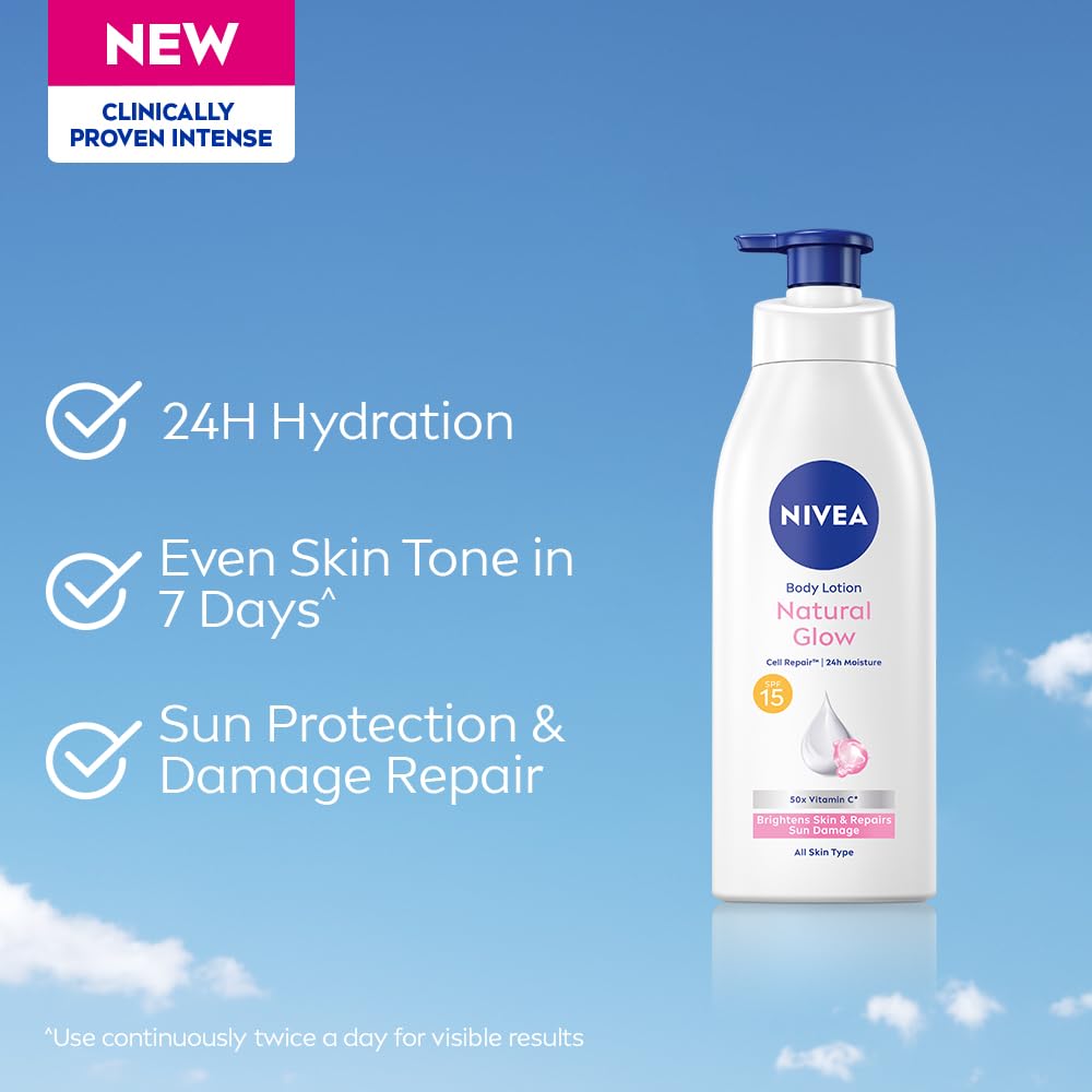 Nivea Natural Glow Body Lotion with SPF 15, Vitamin C, Lightweight Moisturizing Lotion for Daily Use, 13.52 Fl Oz (Pack of 1)