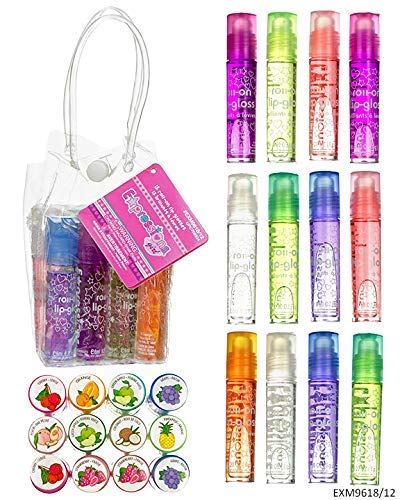 12pc Roll-On Lip Gloss Set with Carrying Case - Fruity Non-Toxic Glossy