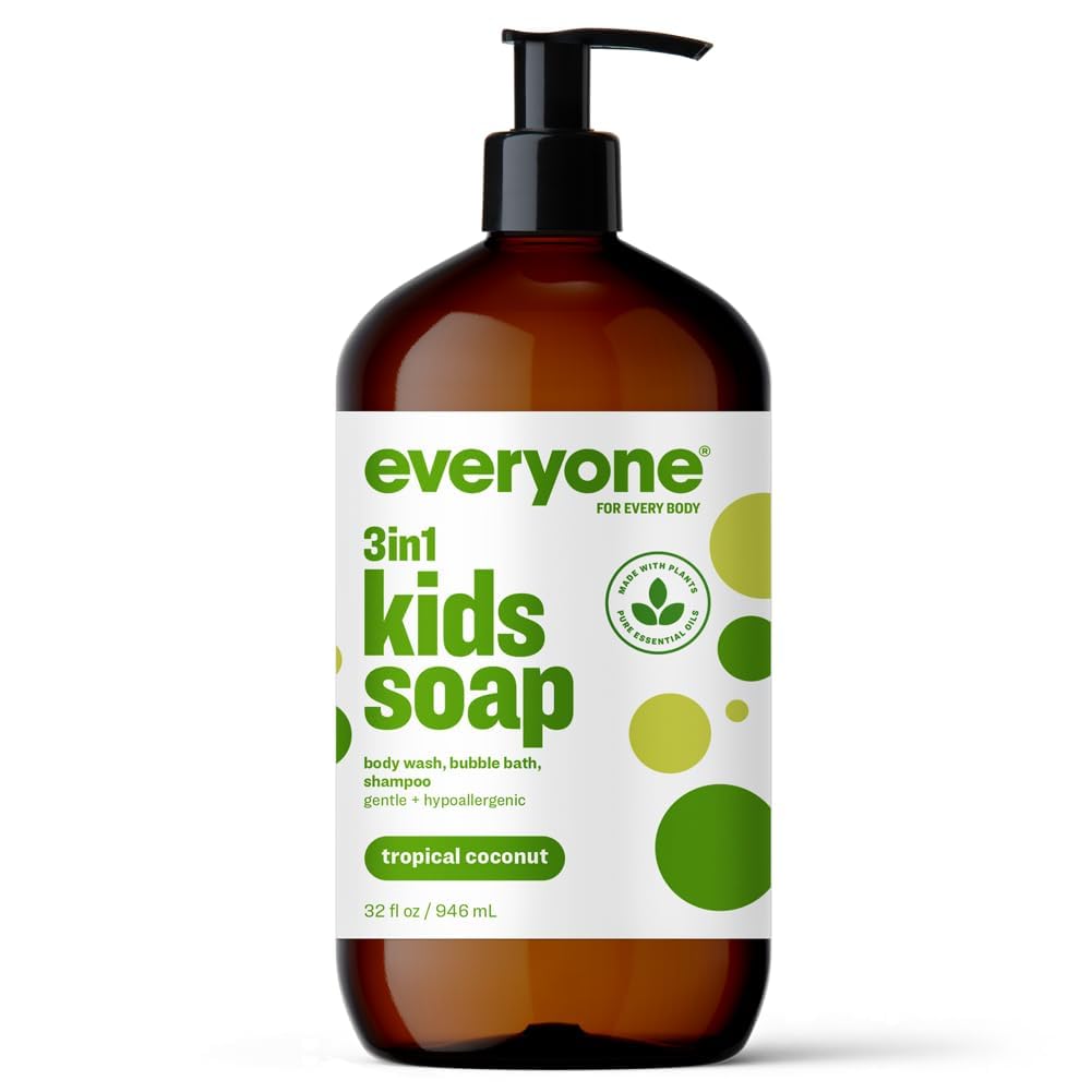 Everyone 3-in-1 Kids Soap, Body Wash, Bubble Bath, Shampoo, 32 Ounce (Pack of 1), Tropical Coconut, made with Essential Oils for Toddlers, Tweens and Teens