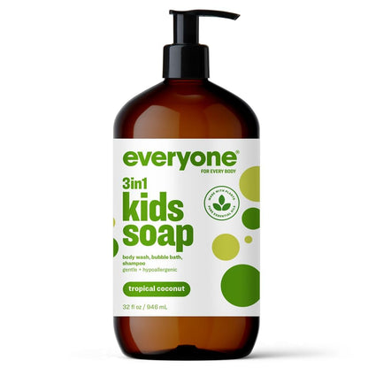 Everyone 3-in-1 Kids Soap, Body Wash, Bubble Bath, Shampoo, 32 Ounce (Pack of 1), Tropical Coconut, made with Essential Oils for Toddlers, Tweens and Teens