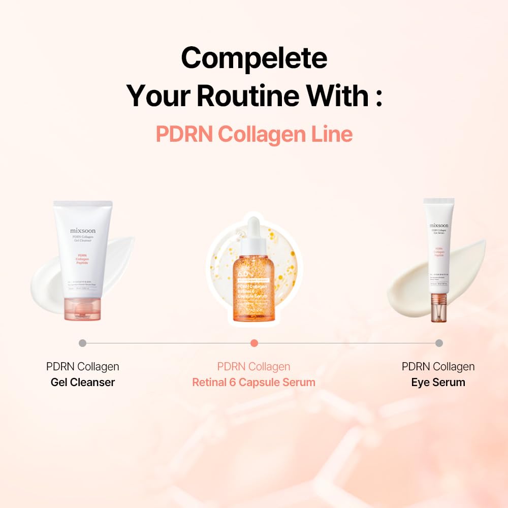 mixsoon PDRN Collagen Retinal 6 Capsule Serum, Retinal Copper Peptides Serum With Niacinamide, Firming Serum for Fine Lines & Texture Care, 30ml / 1.01 Fl. Oz Korean Glass Skin Care