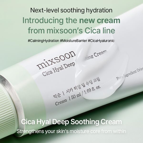 mixsoon Cica Hyal Deep Soothing Cream - Soothing and Hydrating Face Cream, Centella Asiatica and Hyaluronic Acid, Calming Moisturizer for Sensitive Skin 50ml / 1.69 fl.oz. Korean Glass Skin Care