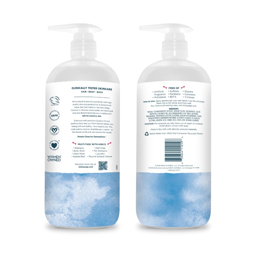 Kirk's Original Fresh 3-in-1 Nourishing Cleanser and Travel Bar Soap, Shampoo Body Wash Bubble Bath, Coconut Oil and Aloe Vera, Vegan Non-GMO, 32 Fl Oz, Pack of 2
