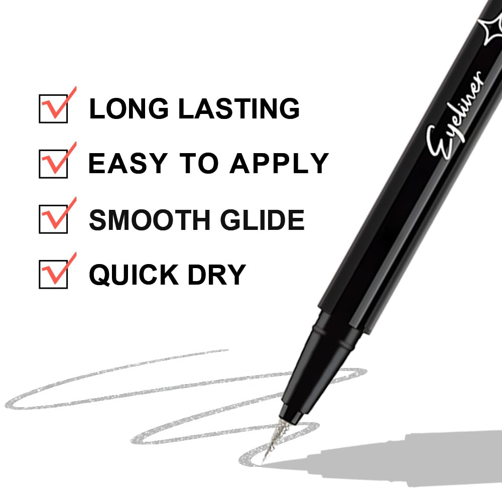 evpct 1Pcs Silver Glitter Sparkling Liquid Eyeliner, Metallic Shimmer Light Silver Eyeliner Liquid Eye Liner Eyeshadow Pencil Face Body Glitter Makeup, Longwear Waterproof, Fake Eyelashes Mascara