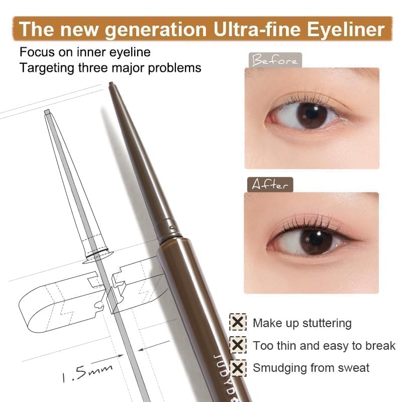 JUDYDOLL Ultrafine Gel Eyeliner Pencil - Brown Eyeliner, Fine Lining For Inner & Outer Eyes, Smudge-Proof & Water-Resistant, Smooth Glide Formula (01 Black Brown)