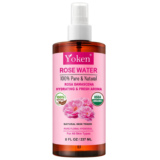 Yoken Organic Rose Water Spray 8oz, USDA Organic Face Mist, Alcohol Free