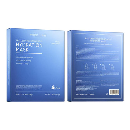 PROF.LING Real Deep Hyaluronic Acid Face Mask, Deep Hydrating & Moisturizing Sheet Mask for Dry, Dehydrated & Sensitive Skin, Intensive Moisture Care, Korean Skincare, 28g x 5 ea