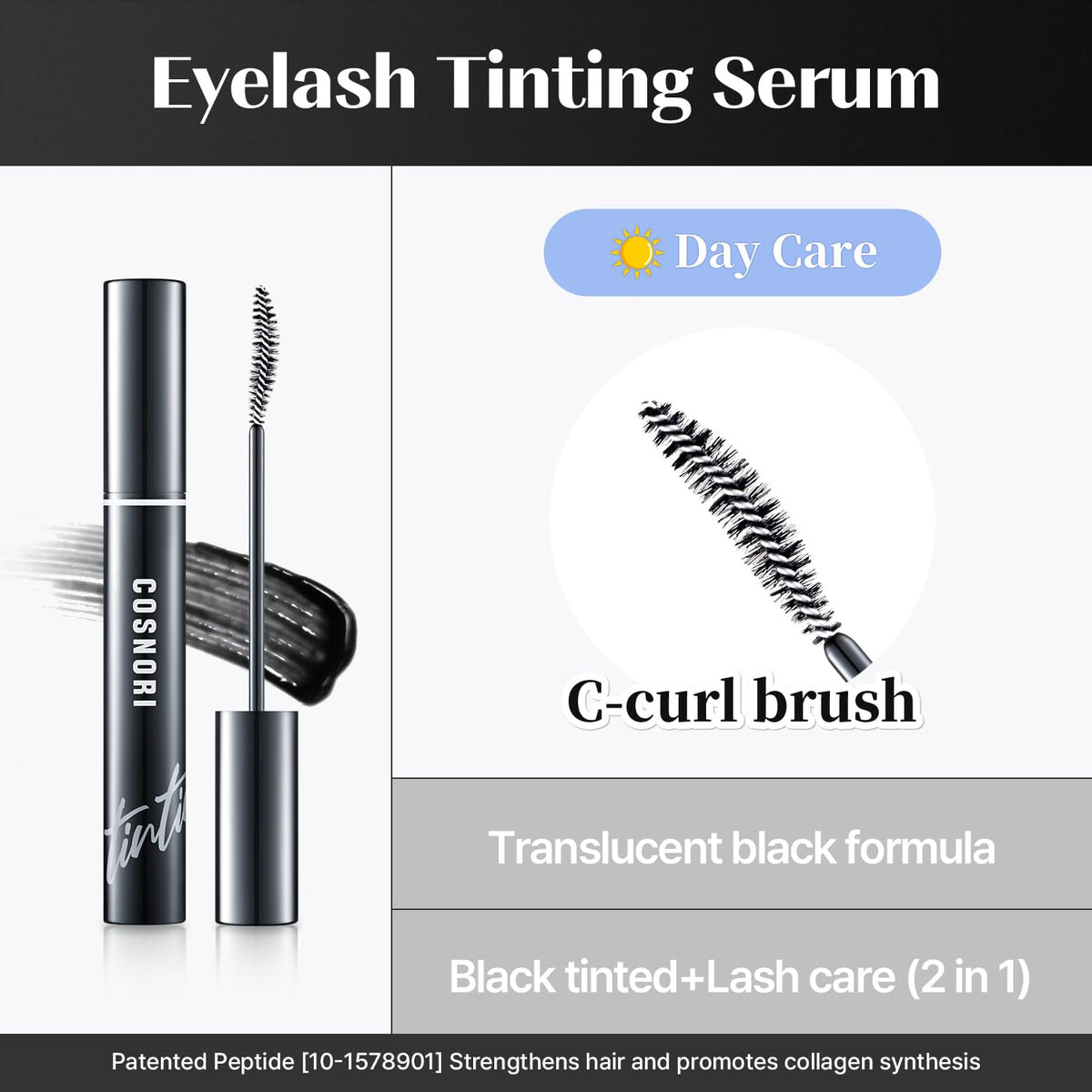 COSNORI Eyelash Tinting Serum 01 Deep Black - Korean Eyelash Boost Tinted Serum – Eyebrow Growth Enhancer for Longer and Thicker – Lash Perm Essential - Vegan, Irritation Free 0.3 fl.oz / 9g (Black)