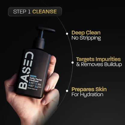 BASED Skincare Trio - Daily Facial Cleanser, Moisturizer & Skin Revival Spray - Complete Men's Skincare System - Hypochlorous Acid, Bamboo Charcoal & Ceramides - All Skin Types
