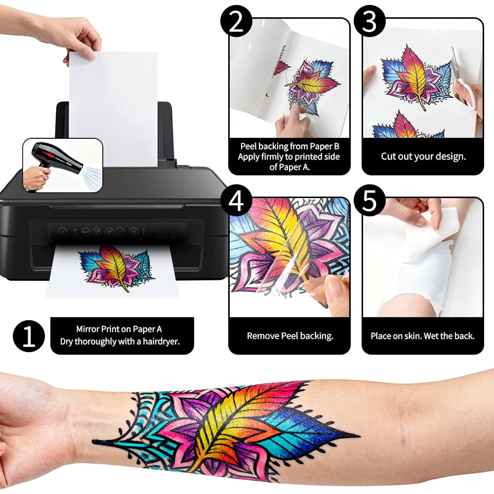 8 Sheets Printable Temporary Tattoo Paper for INKJET PRINTER, Vibrant Color