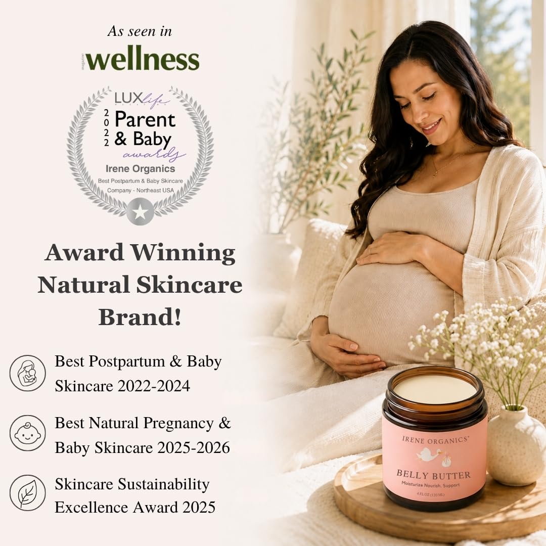 Organic Belly Butter for Pregnancy Stretch Mark Prevention and Treatment by Irene Organics - Award Winning Anti Stretch Mark Tummy Balm For Pregnancy and Postpartum 4oz - Hydrating Bump Cream