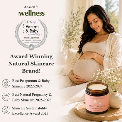 Organic Belly Butter for Pregnancy Stretch Mark Prevention and Treatment by Irene Organics - Award Winning Anti Stretch Mark Tummy Balm For Pregnancy and Postpartum 4oz - Hydrating Bump Cream