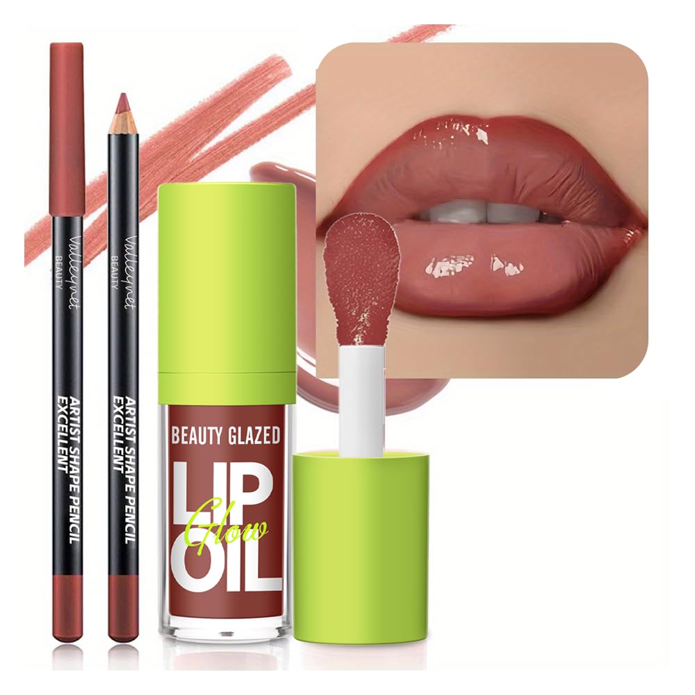 2Pcs Lip Gloss & Lip Liner Set – Cocoa Brown, 90s Ombre Lips, Retro Gradient Lip, Plumping Effect, Full Volume Lips, High Shine Gloss, Viral Lip Combo, Fuller Looking Lips, Glassy Lip Look (#V05+107)