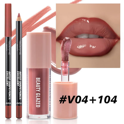 Beauty Glazed 2Pcs/Set Lip Gloss & Lip Liner Set Rosewood Nude – Lip Combo Set for Fuller Looking Lips, High Shine Glass Lips Look, Gradient Lips & Over Lip Makeup Viral Lip Combo for Volume Lips