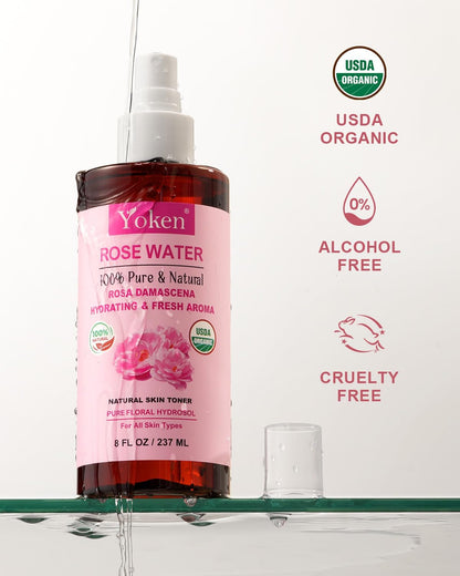 Yoken Organic Rose Water Spray 8oz, USDA Organic Face Mist, Alcohol Free