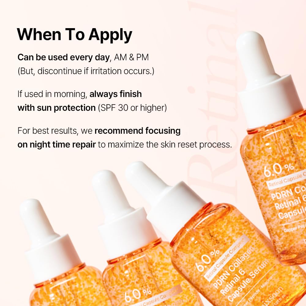 mixsoon PDRN Collagen Retinal 6 Capsule Serum, Retinal Copper Peptides Serum With Niacinamide, Firming Serum for Fine Lines & Texture Care, 30ml / 1.01 Fl. Oz Korean Glass Skin Care
