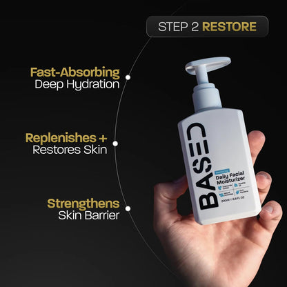 BASED Skincare Trio - Daily Facial Cleanser, Moisturizer & Skin Revival Spray - Complete Men's Skincare System - Hypochlorous Acid, Bamboo Charcoal & Ceramides - All Skin Types