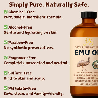 Pomberries Emu Oil, 100% Pure Australian Emu Oil for Skin, 4 fl oz