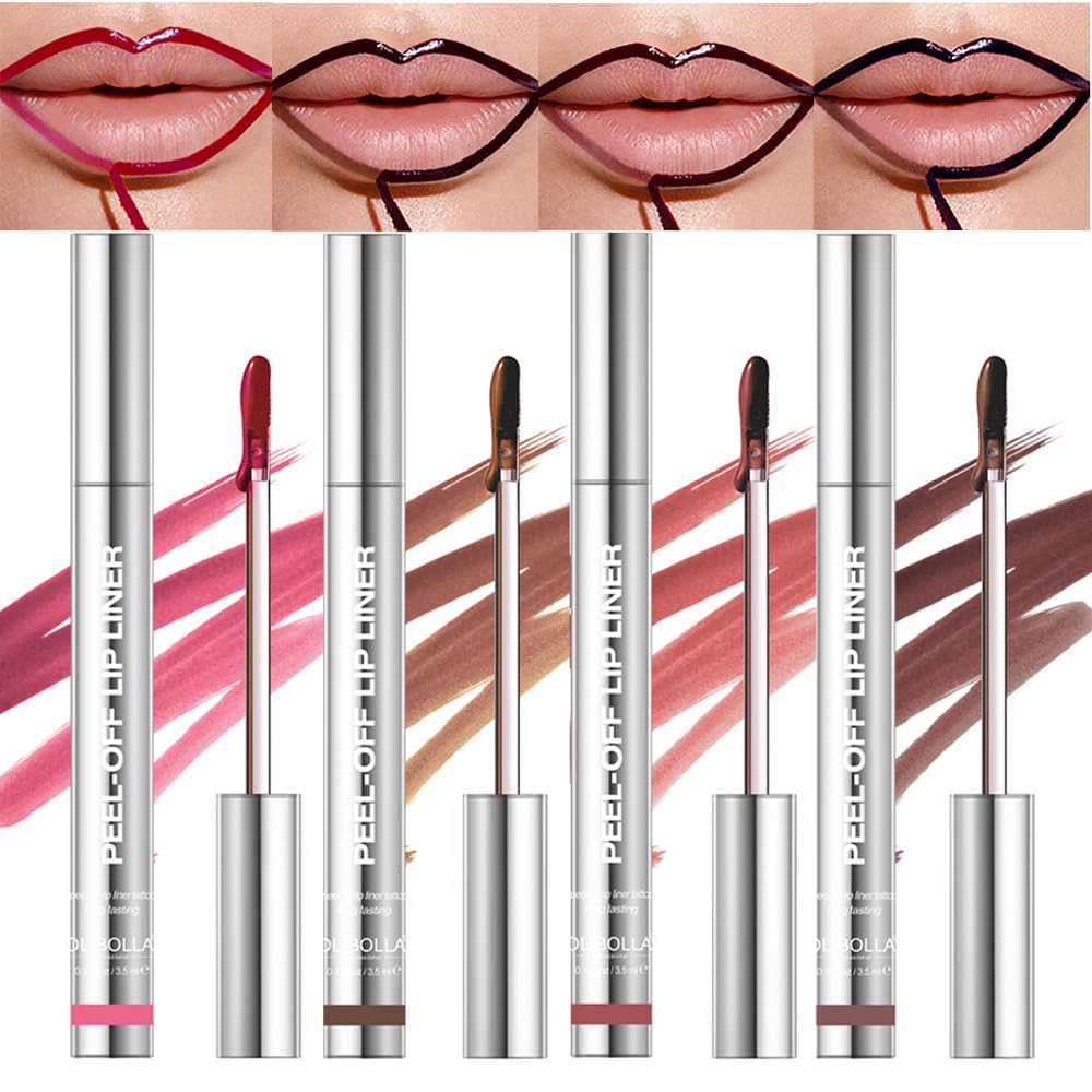 BANGFENG 4Pcs Peel Off Lip Liner Stain Set - Long-Lasting, Smudge-Proof, Waterproof Nude Matte Lip Tint, Non-Fading Peel Off Lip Color, Effortless Precision & Full Coverage, 24H Color Hold