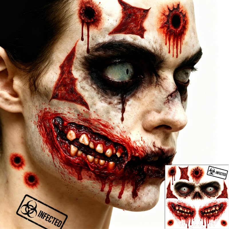 Halloween Zombie Tattoos Kit – 6 Sheets (4 Zombie Tattoos + 2 Wound Tattoos) – Fake Scars Temporary Tattoos for Adults, Women, Men – Realistic Zombie Makeup Kit, Scary Halloween Makeup Accessories (A)