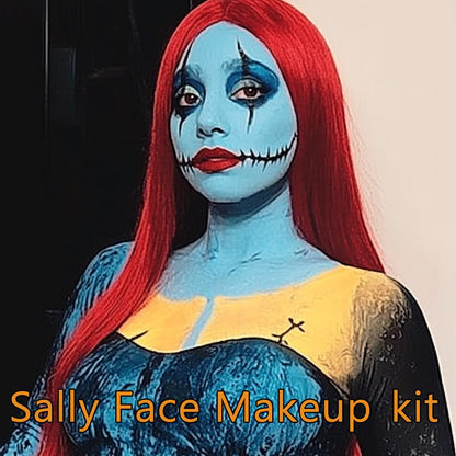 Paminify 4 Pcs Sally Makeup Kit,Corpse Bride SFX Halloween Baby Blue ,Water Activated Face Paint Makeup Kit,Sally Face Costume Women Cosplay,Light Blue Body Paint+Eyeliner+Lipstick+Sponge