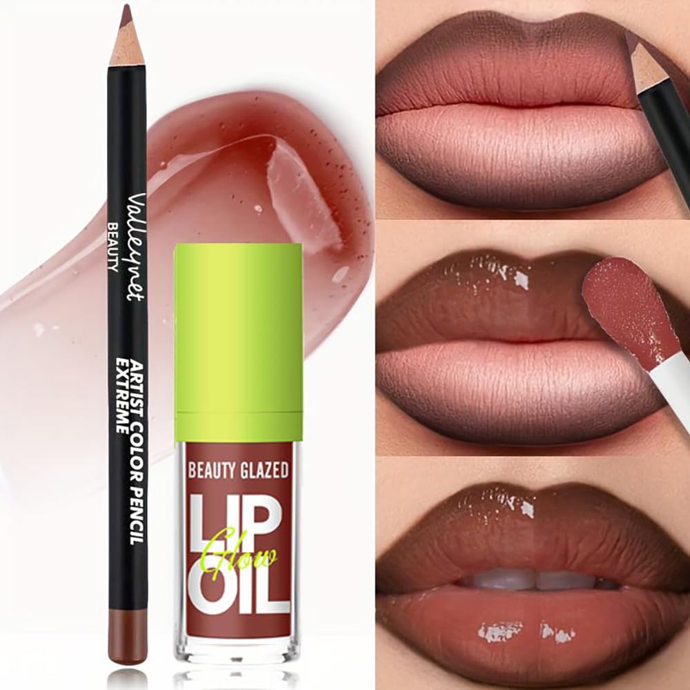2Pcs Lip Gloss & Lip Liner Set – Cocoa Brown, 90s Ombre Lips, Retro Gradient Lip, Plumping Effect, Full Volume Lips, High Shine Gloss, Viral Lip Combo, Fuller Looking Lips, Glassy Lip Look (#V05+107)
