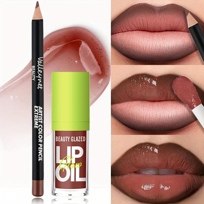 2Pcs Lip Gloss & Lip Liner Set – Cocoa Brown, 90s Ombre Lips, Retro Gradient Lip, Plumping Effect, Full Volume Lips, High Shine Gloss, Viral Lip Combo, Fuller Looking Lips, Glassy Lip Look (#V05+107)