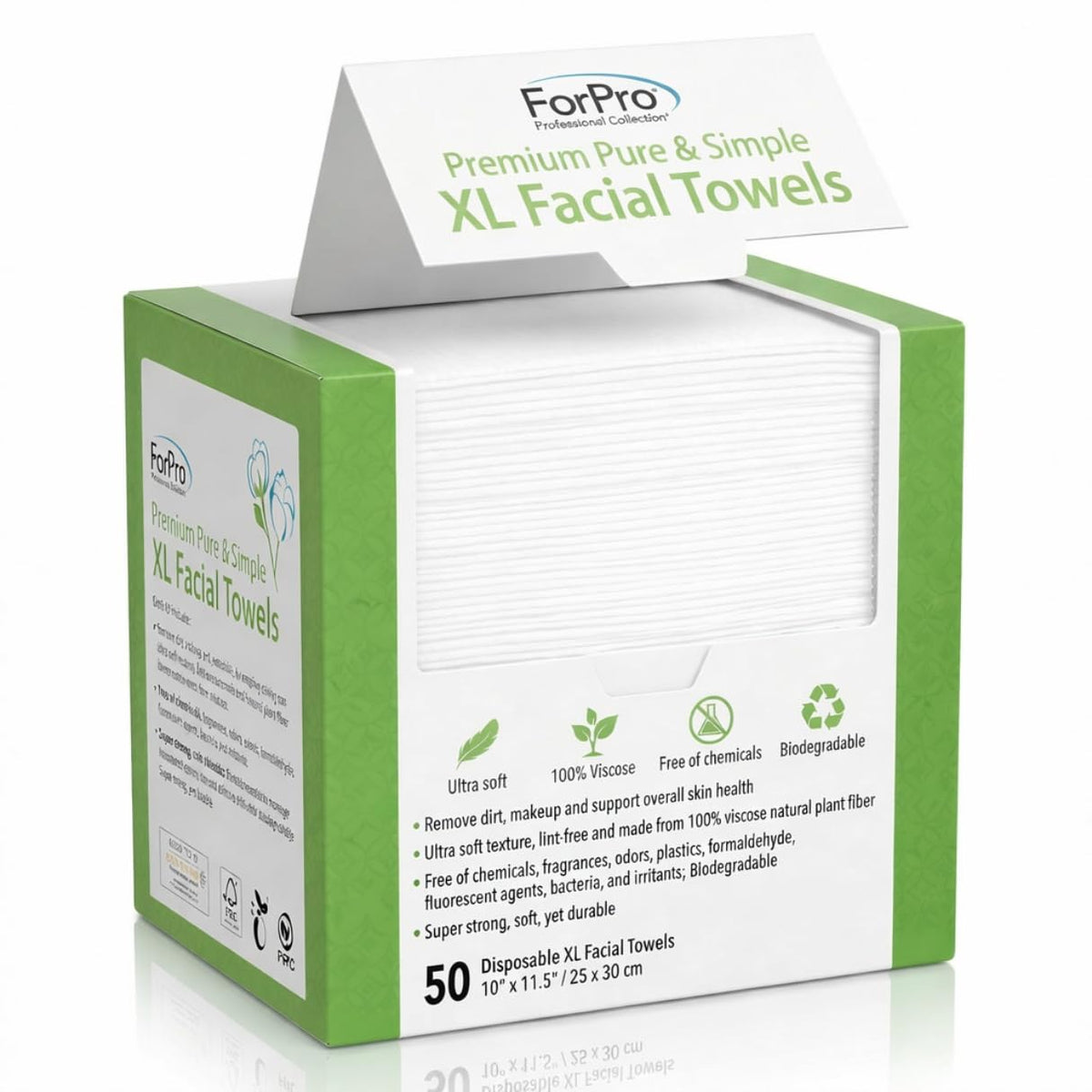 ForPro Pure & Simple XL Facial Towels, 50ct, 10"x11.5", Vegan, Cruelty-Free