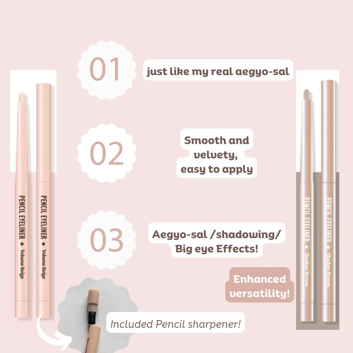 Produco [thebom] AegyoSal Eyeliner Under-Eye Enhancing Pencil Highlighter Eye Makeup (2set) (Volume Beige + Shadow Brown)