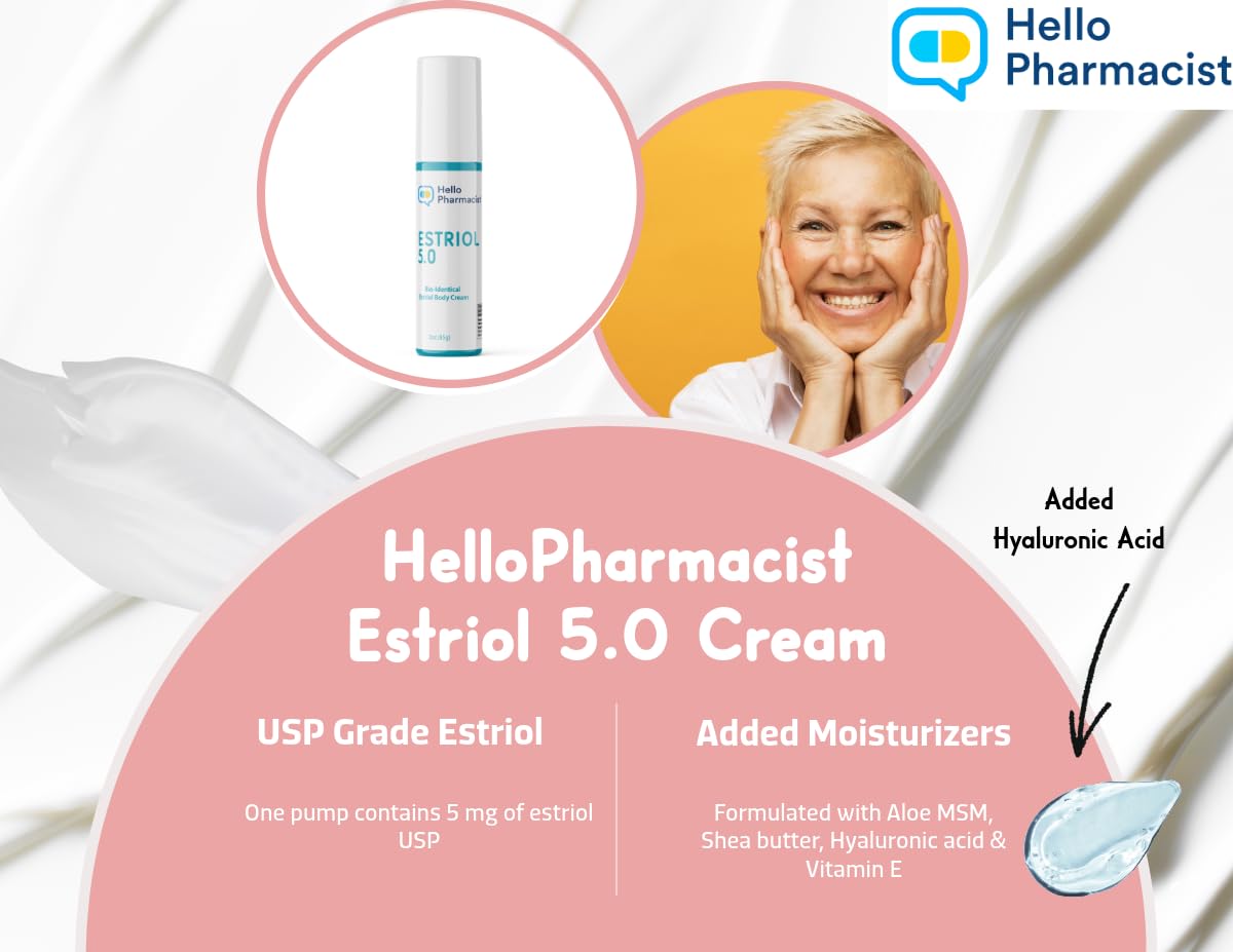 HelloPharmacist Natural Bioidentical Estriol 5.0 Professional Cream for Women - Menopause Support - Added Moisturizers & Hyaluronic Acid - 3 Ounces - Trusted Brand