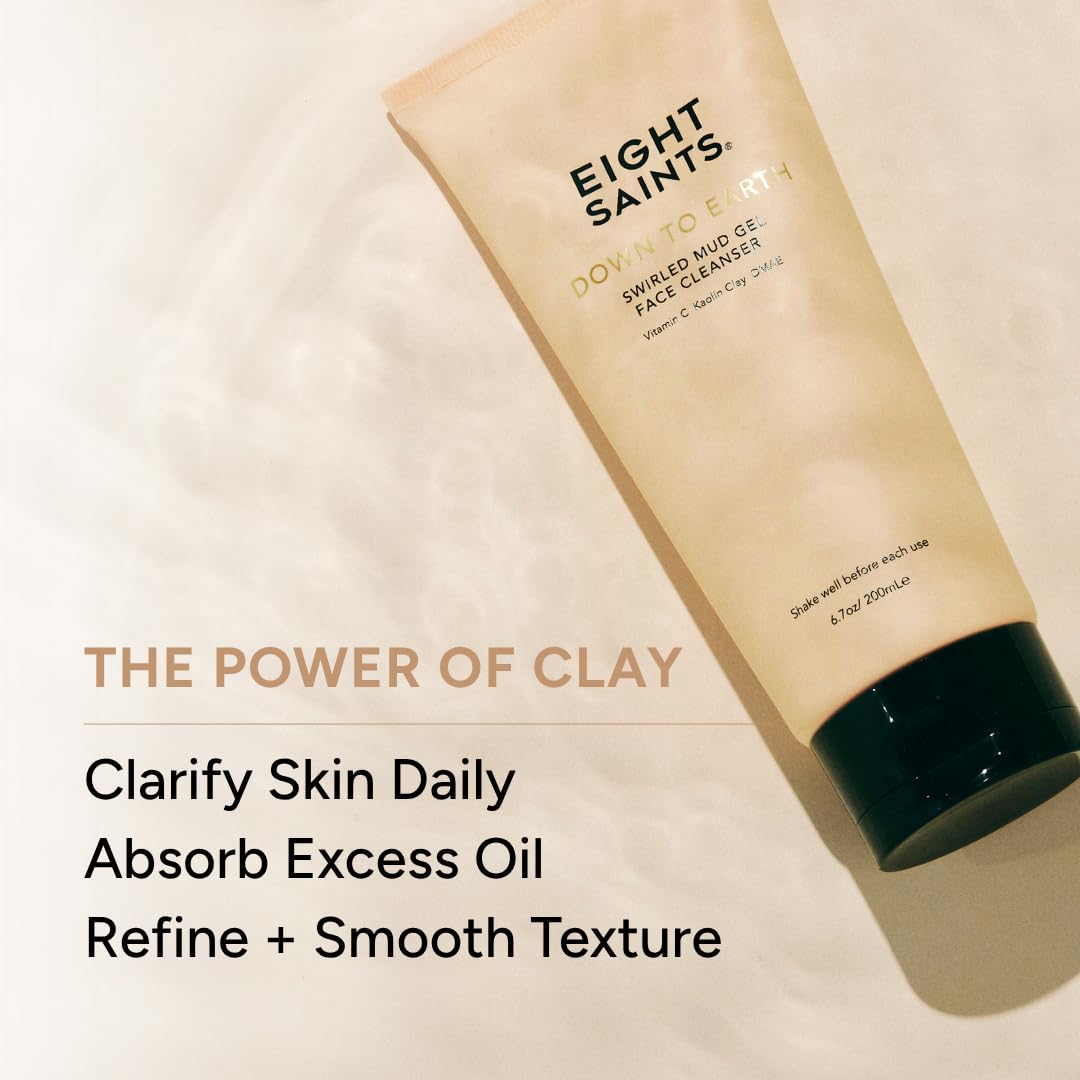 Eight Saints Down To Earth Mud Gel Face Wash, Gentle & Effective Anti Aging Cleanser, Makeup Remover, Nourishing & Hydrating Cleanser, with Vitamin C, Kaolin Clay, & Ylang Ylang Flower Oil, 6.7 oz