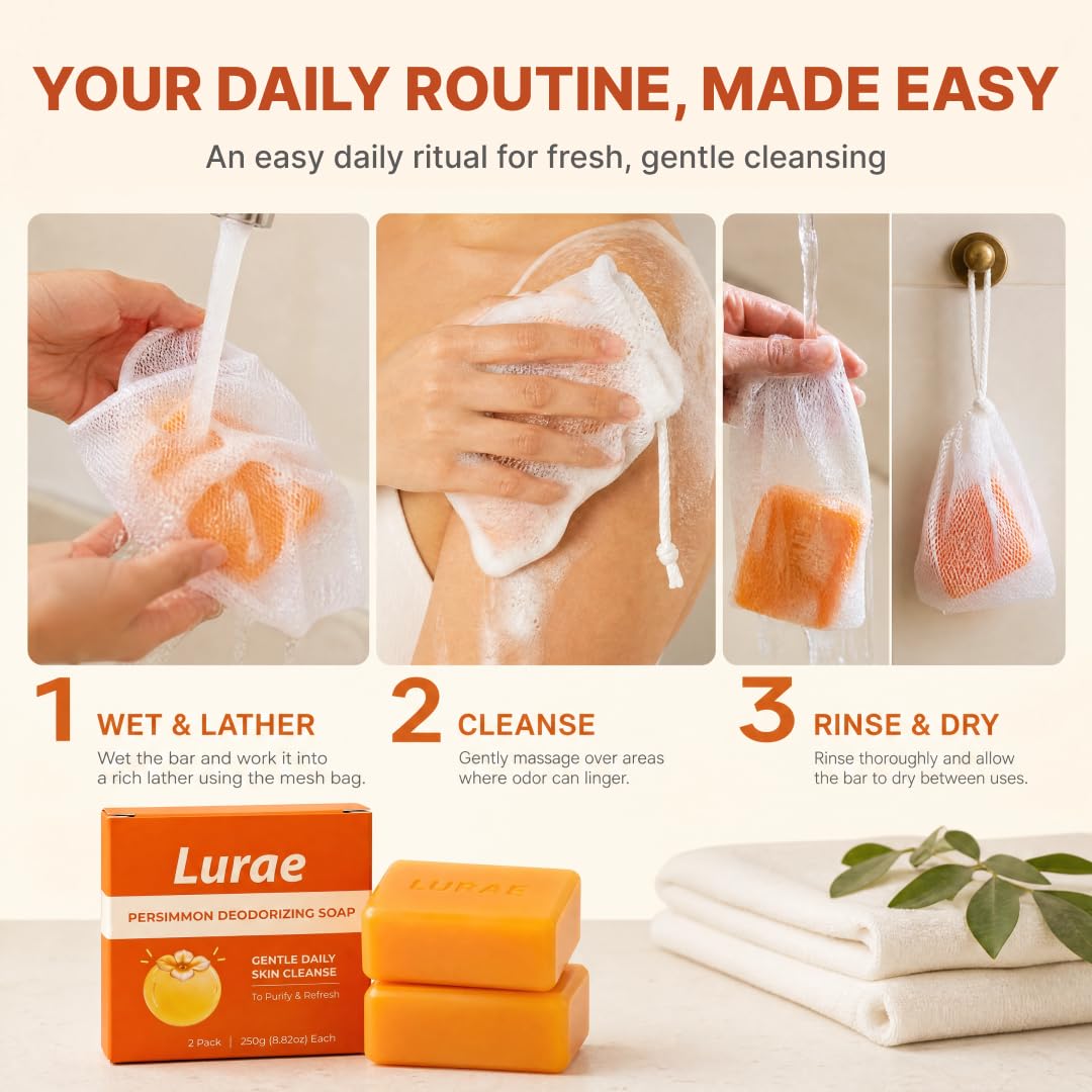 Lurae Persimmon Soap for Old People Smell, Body Odor Eliminator Bar, 2 Pack